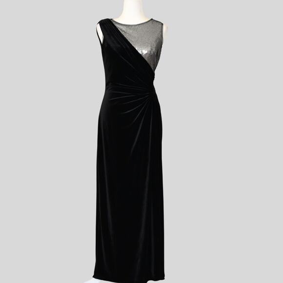 ADRIANNA PAPELL Women's Maxi Evening Gown Black Velvet & Silver Sequin Size 8 - Picture 1 of 9